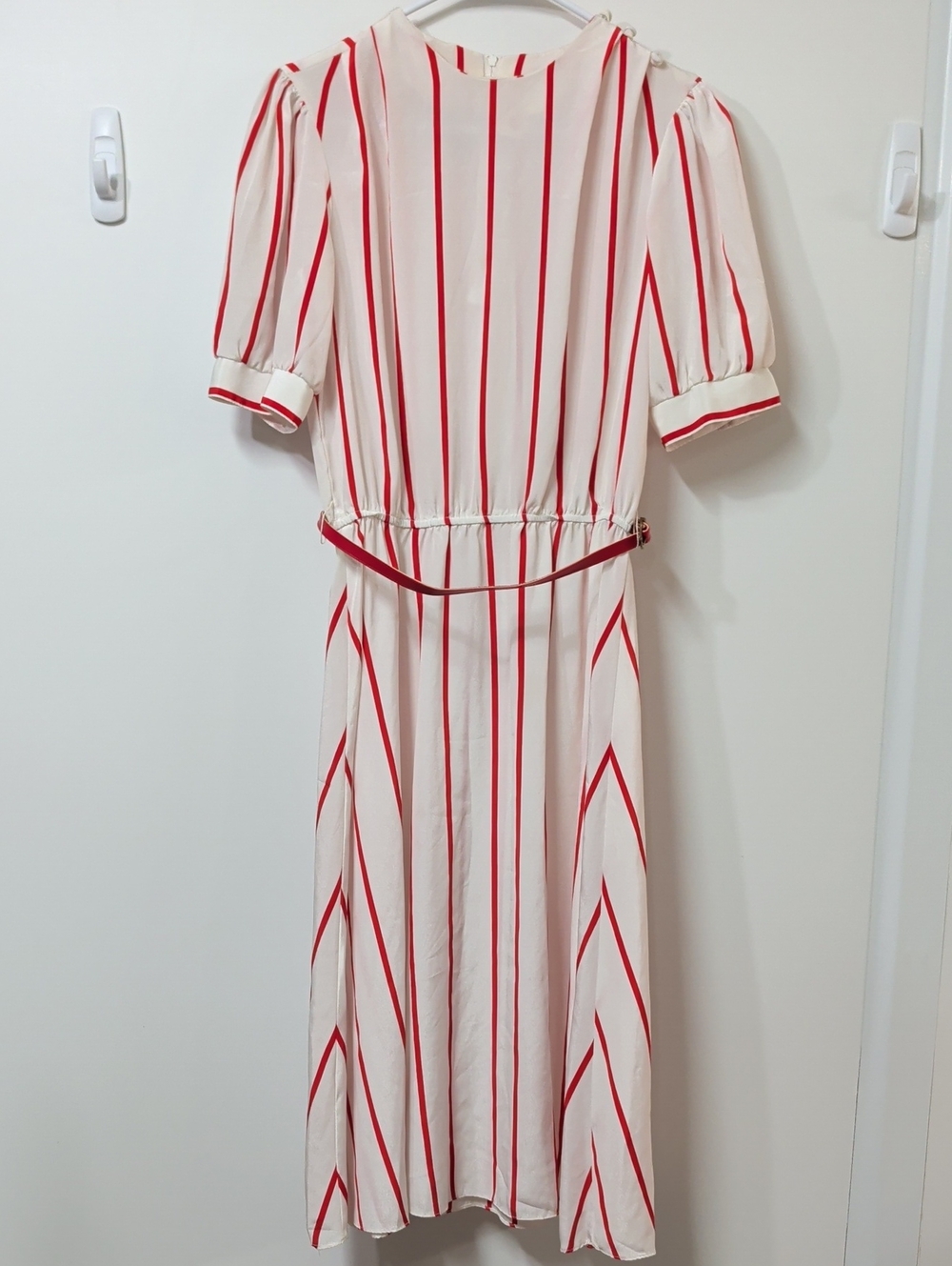 Vintage Jonathan Martin Cream & Red Striped Midi Dress with Belt